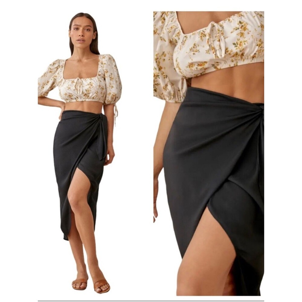 Reformation Taglio Solid Black Viscose Blend Crepe Tie Waist Wrap Midi Skirt 12